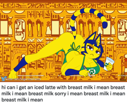 Size: 2234x1850 | Tagged: suggestive, artist:sugarlesspaints, ankha (animal crossing), cat, feline, mammal, anthro, animal crossing, nintendo, 2021, ankha zone, apron, big breasts, breasts, butt, cleavage, clothes, crossing the memes, cup, face down ass up, female, frowning, holding object, i mean breast milk, jack-o' crouch pose, lidded eyes, looking at you, meme, memeception, naked apron, nudity, partial nudity, pen, pose, sideboob, solo, solo female, striped tail, stripes, tail