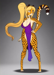 Size: 2591x3600 | Tagged: suggestive, artist:scorpdk, oc, oc only, oc:mihari (scorpdk), cheetah, feline, mammal, anthro, digitigrade anthro, 2021, absolute cleavage, amber eyes, anklet, areola, areola slip, big breasts, blonde hair, bracelet, breasts, chest fluff, choker, claws, cleavage, cleavage fluff, clothes, curvy, dress, female, fluff, fur, hair, hair tie, hand on hip, high res, jewelry, legs, lips, long hair, pale belly, paws, ponytail, ring, sexy, side slit, skimpy, solo, solo female, standing, tail, tail band, tan body, tan fur, thick thighs, thighs, total sideslit, wide hips, yellow body, yellow fur