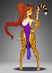 Size: 2591x3600 | Tagged: suggestive, alternate version, artist:scorpdk, oc, oc only, oc:mihari (scorpdk), cheetah, feline, mammal, anthro, digitigrade anthro, 2021, absolute cleavage, amber eyes, anklet, areola, areola slip, big breasts, bracelet, breasts, chest fluff, choker, cleavage, clothes, curvy, dress, female, fluff, fur, hair, hair tie, hand on hip, high res, jewelry, legs, lips, long hair, pale belly, paws, ponytail, red hair, redhead, ring, sexy, side slit, skimpy, solo, solo female, standing, tan body, tan fur, thick thighs, thighs, total sideslit, yellow body, yellow fur