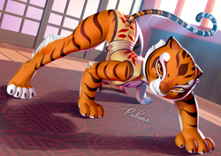 Size: 1269x897 | Tagged: safe, artist:pakwan008, master tigress (kung fu panda), big cat, feline, mammal, tiger, anthro, dreamworks animation, kung fu panda, 2021, black stripes, breasts, chinese dress, claws, clothes, colored sclera, dress, ears, face down ass up, female, fur, indoors, jack-o' crouch pose, looking at you, meme, multicolored fur, orange body, orange eyes, orange fur, paws, smiling, smiling at you, solo, solo female, striped fur, stripes, tail, thighs, tigress, white body, white fur, yellow sclera