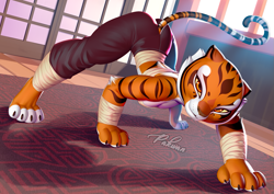 Size: 1269x897 | Tagged: safe, alternate version, artist:pakwan008, master tigress (kung fu panda), big cat, feline, mammal, tiger, anthro, dreamworks animation, kung fu panda, 2021, bandage, black stripes, bottomwear, breasts, claws, clothes, colored sclera, ears, face down ass up, female, fur, indoors, jack-o' crouch pose, looking at you, meme, multicolored fur, orange body, orange eyes, orange fur, pants, paws, smiling, smiling at you, solo, solo female, striped fur, stripes, tail, thighs, tigress, white body, white fur, yellow sclera