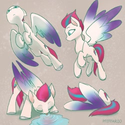 Size: 2048x2048 | Tagged: safe, artist:pfeffaroo, zipp storm (mlp), equine, fictional species, mammal, pegasus, pony, hasbro, my little pony, my little pony g5, spoiler, spoiler:my little pony g5, 2021, behaving like a bird, cute, drinking, eyes closed, female, flying, gray background, high res, hooves, mare, puddle, simple background, solo, solo female, spread wings, tongue, tongue out, unshorn fetlocks, water, wings