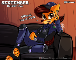 Size: 2500x2000 | Tagged: safe, artist:tdfoxoo, canine, dog, mammal, anthro, cc by-nc-nd, creative commons, 2021, clothes, cute, dog tail, female, glasses, hair, high res, mexico, mexico city, paws, police, police officer, ponytail, sextember, sextember2021, solo, solo female, tactical vest, topwear, uniform, vest