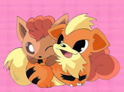 Size: 2839x2112 | Tagged: safe, artist:tropius-passion, canine, fictional species, fox, growlithe, mammal, vulpix, feral, nintendo, pokémon, 2011, ambiguous gender, claws, duo, duo ambiguous, fur, high res, one eye closed, open mouth, open smile, smiling, striped fur, tail