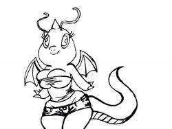 Size: 2443x1841 | Tagged: safe, artist:tropius-passion, dragonite, fictional species, anthro, nintendo, pokémon, 2014, antennae, black and white, bottomwear, breasts, claws, cleavage, clothes, crop top, female, grayscale, horn, micro shorts, midriff, monochrome, shirt, shorts, simple background, smiling, solo, solo female, spread wings, tail, topwear, white background, wings