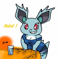 Size: 2567x2544 | Tagged: safe, artist:tropius-passion, fictional species, nidorina, anthro, nintendo, pokémon, 2014, bottomwear, breasts, claws, cleavage, clothes, dialogue, female, french text, glass, grin, high res, looking at you, red eyes, shirt, shorts, solo, solo female, tail, talking, topwear, translation request