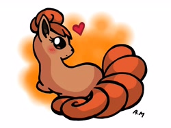 Size: 3349x2503 | Tagged: safe, artist:tropius-passion, canine, fictional species, fox, mammal, vulpix, feral, nintendo, pokémon, 2014, blushing, female, heart, high res, looking at you, looking back, looking back at you, love heart, lying down, multiple tails, on side, rear view, solo, solo female, tail