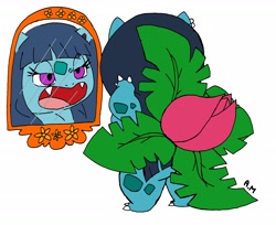 Size: 3116x2544 | Tagged: safe, artist:tropius-passion, oc, oc only, oc:camelia (tropius-passion), fictional species, ivysaur, anthro, nintendo, pokémon, 2014, butt, claws, description in the comments, ear piercing, earring, fangs, female, hair, high res, lidded eyes, mirror, nudity, open mouth, piercing, purple eyes, sharp teeth, solo, solo female, starter pokémon, teeth