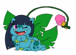 Size: 3468x2544 | Tagged: safe, artist:tropius-passion, oc, oc:camelia (tropius-passion), fictional species, ivysaur, anthro, nintendo, pokémon, 2014, bikini, blushing, breasts, claws, cleavage, clothes, dripping, ear piercing, earring, female, food, hair, high res, ice cream, ice cream cone, looking at you, lying down, on side, one eye closed, open mouth, open smile, piercing, purple eyes, seductive, slightly chubby, smiling, solo, solo female, starter pokémon, swimsuit, vines, winking