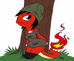 Size: 3038x2524 | Tagged: safe, artist:tropius-passion, oc, oc only, oc:nora (tropius-passion), charmeleon, fictional species, anthro, nintendo, pokémon, 2014, blue eyes, boots, breasts, claws, clothes, female, fire, grass, hat, headwear, high res, outdoors, plant, shoes, smiling, solo, solo female, starter pokémon, tail, tomboy, tree, wide hips