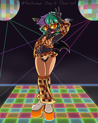 Size: 2000x2500 | Tagged: suggestive, artist:tdfoxoo, bat, mammal, anthro, blushing, boots, bottomwear, clothes, dance floor, dancing, disco, disco ball, fangs, female, glasses, heart glasses, high heels, high res, looking at you, panties, platform high heels, sextember, sextember2021, sharp teeth, shoes, skirt, solo, solo female, tdfsextember, teeth, underwear, wings
