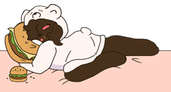 Size: 1300x700 | Tagged: safe, artist:cuddlygrizzly, oc, oc only, oc:cuddle the grizzly, bear, grizzly bear, mammal, anthro, bed, brown body, brown fur, burger, cheese, dairy products, female, food, fur, lettuce, meat, pajamas, pink eyes, sleeping, sleepy, solo, solo female, vegetables