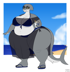 Size: 2876x3000 | Tagged: suggestive, artist:day-tripper-guy, oc, oc only, oc:mary (day-tripper-guy), fish, great white shark, shark, anthro, 2021, beach, belly button, bikini, breasts, cleavage, clothes, cloud, cup, fat, female, fins, fish tail, food, glasses, grin, high res, huge belly, huge breasts, hyper, hyper thighs, ice cream, looking at you, morbidly obese, obese, ocean, piercing, sandals, shark tail, shark week, sharp teeth, shoes, sky, smiling, smiling at you, solo, solo female, sunglasses, swimsuit, tail, teeth, water, watermark