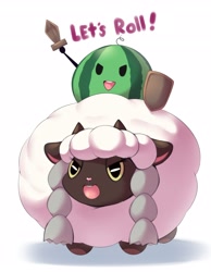 Size: 2800x3600 | Tagged: safe, artist:mleonheart, animate food, animate object, fictional species, mammal, wooloo, feral, nintendo, pokémon, 2019, ambiguous gender, black nose, digital art, duo, ears, food, fruit, fur, high res, horn, open mouth, shield, tongue, watermelon, wooden sword