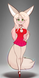 Size: 647x1280 | Tagged: safe, artist:scorpdk, oc, oc:telethia, canine, fennec fox, fox, mammal, anthro, abstract background, adorasexy, big breasts, big ears, blushing, boob window, bracelet, breasts, cheek fluff, chest fluff, choker, cleavage, clothes, crossed legs, curvy, cute, dress, ears, female, fluff, gradient hair, green eyes, hair, hand on hip, high heels, hourglass figure, jewelry, legs, little red dress, minidress, pose, seductive, sexy, shoes, shoulderless, solo, solo female, sparkles, tail, tail fluff, thick thighs, thighs, wide hips