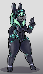 Size: 708x1216 | Tagged: suggestive, artist:wolfenstein, oc, lagomorph, mammal, rabbit, anthro, cc by-nc, creative commons, belly button, bipedal, black outline, blushing, cyan eyes, female, fur, gesture, gradient background, gray body, gray fur, green hair, hair, hands, illustration, looking at you, peace sign, simple background, skinsuit, smiling, solo, solo female, thick thighs, thighs, white background, wide hips