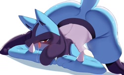 Size: 1200x732 | Tagged: suggestive, artist:faeki_dk, fictional species, lucario, mammal, anthro, nintendo, pokémon, 2021, big breasts, big butt, black body, black fur, blue body, blue fur, blushing, breasts, butt, cream body, cream fur, ears, eyelashes, face down ass up, female, fur, jack-o' crouch pose, licking, licking lips, looking at you, meme, multicolored fur, paws, red eyes, saliva, smiling, smiling at you, solo, solo female, spikes, tail, thick thighs, thighs, tongue, tongue out