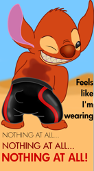 Size: 769x1400 | Tagged: safe, artist:rabidleroy, experiment 627 (lilo & stitch), alien, experiment (lilo & stitch), fictional species, disney, lilo & stitch, the simpsons, 2010, back marking, black eyes, body markings, bottomwear, clothes, english text, fluff, fur, grin, head fluff, looking at you, looking back, looking back at you, one eye closed, pants, partial nudity, rear view, red body, red fur, red nose, solo, standing, tail, text, topless, winking