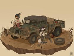 Size: 3200x2400 | Tagged: safe, artist:merqrous, canine, fictional species, mammal, vulpix, nintendo, pokémon, automobile, box, diorama background, dirt, female, floating island, high res, jerrycan, k-311a1, kia, male, partial nudity, rust, siblings, topless, tribal, tribal outfit, truck, vehicle