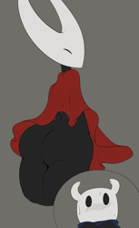Size: 1175x1920 | Tagged: suggestive, artist:thespanker, hollow knight (hollow knight), hornet (hollow knight), arthropod, insect, anthro, hollow knight, ambiguous gender, blushing, bottomwear, butt, cloak, clothes, duo, embarrassed, eyes closed, female, female focus, flat colors, gray background, looking at someone, nudity, partial nudity, picture-in-picture, rear view, simple background, skirt, solo focus, sweat, upskirt, work in progress