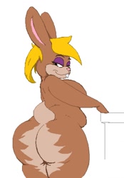Size: 891x1280 | Tagged: suggestive, artist:thespanker, lagomorph, mammal, rabbit, anthro, bedroom eyes, big breasts, breasts, buckteeth, butt, eyeshadow, female, huge butt, long ears, looking back, makeup, mature, mature female, ms paint, nudity, rear view, sideboob, slightly chubby, smirk, solo, solo female, tail, teeth