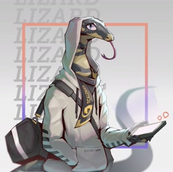 Size: 1867x1861 | Tagged: safe, artist:tegu_artist, lace monitor, lizard, monitor lizard, reptile, anthro, 2021, ambiguous gender, bag, cell phone, clothes, english text, forked tongue, gray body, hand hold, hand in pocket, holding, hoodie, long tongue, phone, scarf, smartphone, solo, solo ambiguous, tail, text, three-quarter view, tongue, tongue out, topwear, yellow body