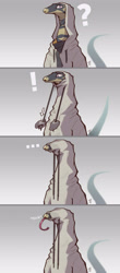 Size: 1920x4380 | Tagged: safe, artist:tegu_artist, lace monitor, lizard, monitor lizard, reptile, anthro, 2021, ambiguous gender, arrow, bicolor eyes, clothes, comic, cute, disembodied hand, exclamation point, forked tongue, funny, gray background, gray body, green eyes, hoodie, onomatopoeia, pink eyes, pink tongue, question mark, signature, simple background, smiling, solo focus, tail, tan body, text, tongue, tongue out, topwear