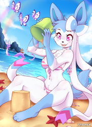 Size: 900x1242 | Tagged: safe, alternate version, artist:teranen, butterfree, dragonair, eevee, eeveelution, fictional species, mammal, shiny pokémon, sylveon, anthro, feral, nintendo, pokémon, 2021, beach, bikini, black nose, blue body, blue fur, blushing, breasts, chest fluff, clothes, ear fluff, eyebrows, eyelashes, female, female focus, fluff, fur, gloves (arm marking), multicolored fur, open mouth, open smile, outdoors, paws, pink eyes, sand, sandcastle, scenery, shoulder fluff, smiling, socks (leg marking), solo focus, swimsuit, tail, tail fluff, teeth, thighs, tongue, two toned body, two toned fur, water, white body, white fur