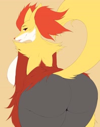 Size: 3252x4096 | Tagged: suggestive, artist:mleonheart, delphox, fictional species, anthro, nintendo, pokémon, 2019, bent over, big breasts, big butt, breasts, butt, digital art, ear fluff, ears, eyelashes, featureless breasts, female, fluff, fur, looking at you, looking back, looking back at you, neck fluff, nudity, open mouth, presenting, red nose, sideboob, simple background, solo, solo female, starter pokémon, tail, thighs, tongue, wide hips, work in progress