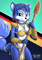 Size: 905x1280 | Tagged: safe, artist:mysticalpha, krystal (star fox), canine, fox, mammal, anthro, nintendo, star fox, 2017, black nose, bra, breasts, clothes, digital art, ears, eyelashes, female, fur, hair, jewelry, loincloth, looking at you, necklace, shoulder pads, solo, solo female, spear, tail, thighs, tribal markings, underwear, vixen, weapon