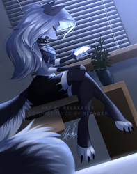 Size: 1920x2435 | Tagged: safe, artist:relaxableart, loona (vivzmind), canine, fictional species, hellhound, mammal, anthro, digitigrade anthro, hazbin hotel, helluva boss, 2021, arm fluff, black nose, bottomwear, cell phone, chest fluff, claws, clothes, collar, commission, cute, desk, ear piercing, earring, ears, eyebrows, eyelashes, eyeshadow, female, fingerless gloves, fluff, fur, gloves, gray body, gray fur, hair, indoors, legwear, long hair, makeup, multicolored fur, on desk, paws, phone, piercing, plant, red eyes, silver hair, smartphone, solo, solo female, spiked collar, tail, tail fluff, thigh highs, toeless legwear, topwear, torn clothes, white body, white eyes