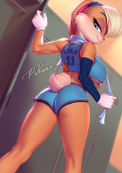 Size: 897x1269 | Tagged: safe, alternate version, artist:pakwan008, lola bunny (looney tunes), lagomorph, mammal, rabbit, anthro, looney tunes, space jam, space jam: a new legacy, warner brothers, 2021, big breasts, blonde hair, blue eyes, bottomwear, breasts, butt, clothes, cream body, cream fur, crop top, eyebrows, eyelashes, female, fluff, fur, gloves, hair, locker, long ears, looking back, midriff, multicolored fur, muscles, muscular female, naked body, short shorts, short tail, shorts, smiling, solo, solo female, tail, tail fluff, teeth, thick thighs, thighs, topwear, towel, two toned body, two toned fur, underboob