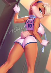 Size: 897x1269 | Tagged: safe, alternate version, artist:pakwan008, lola bunny (looney tunes), lagomorph, mammal, rabbit, anthro, looney tunes, space jam, warner brothers, 2021, big breasts, blonde hair, blue eyes, bottomwear, breasts, butt, clothes, cream body, cream fur, crop top, eyebrows, eyelashes, female, fluff, fur, gloves, hair, locker, long ears, looking back, midriff, multicolored fur, muscles, muscular female, short shorts, short tail, shorts, smiling, solo, solo female, sports bra, sports shorts, tail, tail fluff, teeth, thick thighs, thighs, topwear, towel, two toned body, two toned fur, underboob
