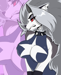 Size: 2036x2500 | Tagged: suggestive, artist:zhadart, loona (vivzmind), canine, fictional species, hellhound, mammal, anthro, hazbin hotel, helluva boss, 2021, angry, big breasts, black nose, breasts, cleavage, collar, colored sclera, ear fluff, ear piercing, earring, eyebrows, eyelashes, female, fluff, fur, gray body, gray fur, gray hair, gritted teeth, hair, high res, long hair, looking at you, multicolored fur, nipple outline, piercing, red sclera, shoulder fluff, solo, solo female, spiked collar, teeth, white body, white eyes, white fur