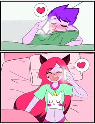 Size: 1570x2048 | Tagged: safe, artist:lollymoony, luvboy (teen-z), pinky (teen-z), animal humanoid, cat, elf, feline, fictional species, mammal, humanoid, teen-z, bed, bedroom, blushing, bottomwear, cell phone, clothes, couple, cute, ears, emoji, eyes closed, fangs, female, heart, indoors, male, male/female, nudity, pajamas, partial nudity, phone, pillow, pinkboy (teen-z), room, sharp teeth, shipping, tattoo, teeth, tongue, tongue out, topless, topwear