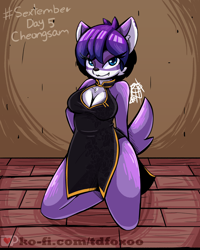 Size: 2000x2500 | Tagged: suggestive, artist:tdfoxoo, oc, oc:accalia bacilieri, canine, dog, mammal, wolf, anthro, blue eyes, bottomless, breasts, cheongsam, chinese dress, clothes, cute, dress, eyelashes, fangs, female, high res, looking at you, nudity, partial nudity, sextember, sextember2021, sexy, sharp teeth, solo, solo female, teeth, wolf tail