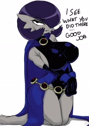 Size: 2480x3508 | Tagged: suggestive, artist:ashraely_, raven (dc comics), fictional species, gardevoir, anthro, nintendo, pokémon, teen titans, 2021, anthrofied, blushing, breasts, cameltoe, cape, clothes, dialogue, digital art, evening gloves, eyelashes, female, furrified, gloves, hair, handcuffs, high res, kneeling, long gloves, looking at you, nipple outline, one eye closed, pokéfied, solo, solo female, species swap, suit, talking, talking to viewer, text, thighs, wide hips