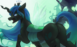 Size: 2235x1372 | Tagged: safe, artist:nookprint, queen chrysalis (mlp), arthropod, changeling, changeling queen, equine, fictional species, feral, friendship is magic, hasbro, my little pony, 2021, butt, dock, fangs, female, insect wings, jagged horn, lidded eyes, looking at you, looking back, looking back at you, open mouth, sharp teeth, smiling, solo, solo female, tail, teeth, wings
