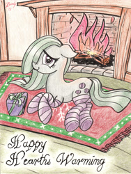Size: 2480x3291 | Tagged: safe, artist:dandy, marble pie (mlp), earth pony, equine, fictional species, mammal, pony, feral, friendship is magic, hasbro, my little pony, 2018, christmas, clothes, female, fireplace, high res, holiday, legwear, looking at you, mare, pencil drawing, shy, sitting, smiling, socks, solo, solo female, striped clothes, striped legwear, traditional art