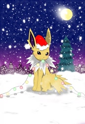 Size: 880x1280 | Tagged: safe, artist:winick-lim, eeveelution, fictional species, jolteon, mammal, feral, nintendo, pokémon, 2013, ambiguous gender, black nose, christmas, christmas lights, christmas tree, clothes, conifer tree, digital art, ears, fluff, fur, hat, holding, holiday, lights, mouth hold, neck fluff, night, santa hat, sky, snow, solo, solo ambiguous, tail, tree