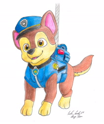 Size: 2077x2460 | Tagged: safe, artist:silversimba01, chase (paw patrol), canine, dog, german shepherd, mammal, feral, nickelodeon, paw patrol, spoiler, spoiler:paw patrol:the movie, 2021, bag, black nose, clothes, ears, fur, high res, male, paw patrol:the movie, paws, police hat, police uniform, solo, solo male, tail, traditional art