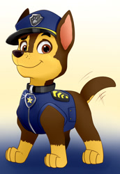 Size: 882x1280 | Tagged: safe, artist:lulu, chase (paw patrol), canine, dog, german shepherd, mammal, feral, nickelodeon, paw patrol, 2021, black nose, clothes, collar, digital art, ears, fur, looking at you, male, paws, police hat, police uniform, simple background, solo, solo male