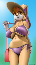 Size: 942x1700 | Tagged: suggestive, artist:creatiffy, vanilla the rabbit (sonic), lagomorph, mammal, rabbit, anthro, sega, sonic the hedgehog (series), 2021, beach, bedroom eyes, belly button, big breasts, bikini, breasts, clothes, digital art, ears, eyelashes, female, fur, gloves, hair, handbag, huge breasts, looking at you, mature, mature female, purple bikini, purple swimsuit, solo, solo female, straw hat, swimsuit, tail, thighs, wide hips