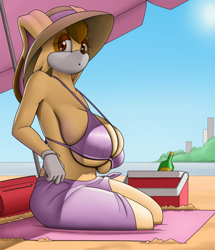 Size: 1280x1487 | Tagged: suggestive, artist:creatiffy, vanilla the rabbit (sonic), lagomorph, mammal, rabbit, anthro, sega, sonic the hedgehog (series), 2021, beach, bedroom eyes, belly button, big breasts, bikini, blanket, breasts, clothes, cooler, digital art, ears, eyelashes, female, fur, gloves, hair, huge breasts, looking at you, mature, mature female, ocean, sand, sarong, sitting, sky, solo, solo female, straw hat, swimsuit, tail, thighs, umbrella, water, wide hips