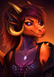 Size: 2480x3508 | Tagged: safe, artist:luttritz, oc, oc only, dragon, fictional species, reptile, scaled dragon, anthro, 2020, breasts, cleavage, clothes, commission, ear piercing, female, hair, high res, horns, jacket, jewelry, necklace, nose horn, piercing, purple eyes, red scales, scales, smiling, solo, solo female, topwear