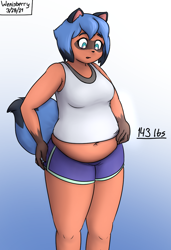Size: 794x1162 | Tagged: suggestive, artist:wenisberry, michiru kagemori (bna), canine, mammal, raccoon dog, anthro, comic:michiru's embiggening, bna: brand new animal, 2021, belly button, big belly, blue hair, blue tail, bottomwear, breasts, clothes, comic, fat, fat fetish, female, gradient background, hair, open mouth, overweight, shorts, signature, sleeveless, solo, solo female, story at source, tail, text, weight gain
