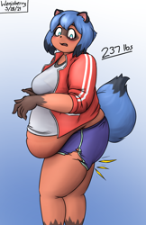 Size: 796x1232 | Tagged: suggestive, artist:wenisberry, michiru kagemori (bna), canine, mammal, raccoon dog, anthro, comic:michiru's embiggening, bna: brand new animal, 2021, 5 fingers, big belly, big breasts, blue hair, blue tail, blushing, bottomwear, breasts, clothes, comic, fat, fat fetish, female, gradient background, hair, jacket, obese, open mouth, shirt, shorts, solo, solo female, story at source, tail, text, topwear, torn clothes, weight gain