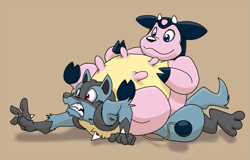 Size: 801x513 | Tagged: suggestive, artist:bravo, fictional species, lucario, mammal, miltank, feral, nintendo, pokémon, body slam, duo, simple background, sitting, strong, tail, udders