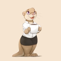Size: 2500x2500 | Tagged: safe, artist:louart, mammal, mustelid, otter, anthro, 2d, coffee, coffee mug, cute, drink, female, glasses, high res, meganekko, solo, solo female, tail