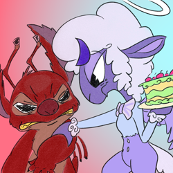 Size: 1500x1500 | Tagged: safe, artist:kajabuubuu, collin (helluva boss), leroy (lilo & stitch), alien, angel, bovid, caprine, experiment (lilo & stitch), fictional species, mammal, sheep, anthro, semi-anthro, disney, helluva boss, lilo & stitch, 2021, 5 fingers, angry, arm grab, back spines, black eyes, bow, bow tie, cake, cherub, clothes, crossover, digital art, duo, duo male, eye contact, food, freckles, fur, gradient background, halo, holding, holding food, male, males only, purple body, purple fur, ram, red body, red fur, red nose, short tail, tail, wings